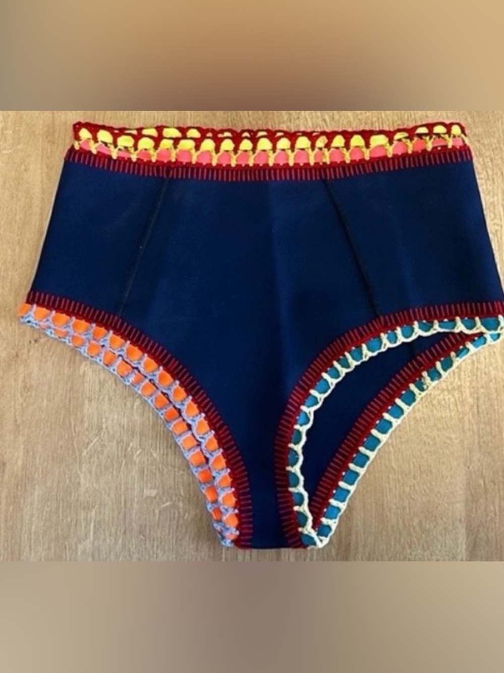 KIINI Navy High-Waist Crochet-Trim Bikini with Multicolor Edging